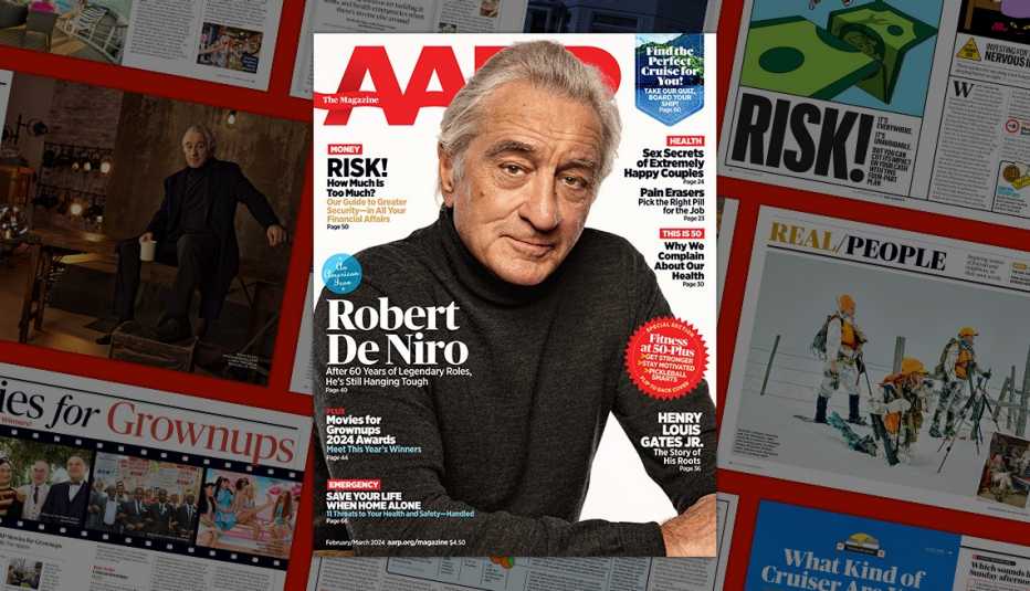 a a r p the magazine cover february / march 2024 featuring robert de niro; on background of magazine pages