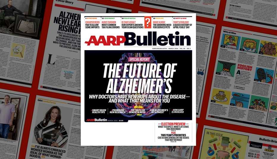 a a r p march 2024 bulletin cover; the future of alzheimer’s; on background of magazine pages