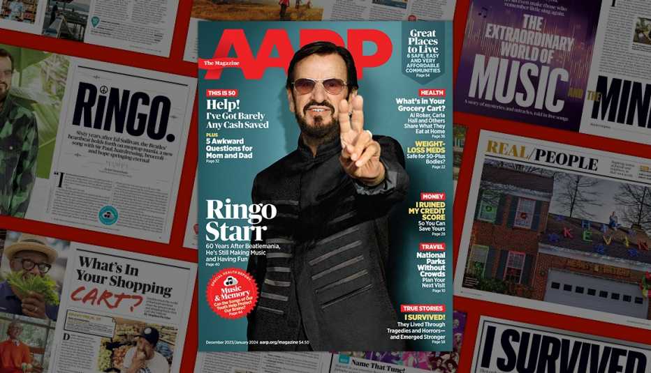 a a r p the magazine cover december 2023 / january 2024 featuring ringo starr; on background of magazine pages