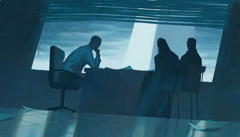 Illustration of a man sitting at a desk in an austere office with two people seated across from him; out the window, you can see the side of the Washington Monument