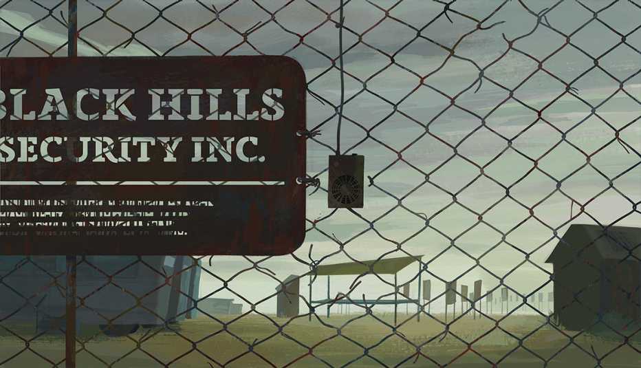 Illustration of a sign attached to a chain-link fence that reads BLACK HILLS SECURITY INC. Behind the fence is a shooting range, and wood cabin and trailers that are partly visible