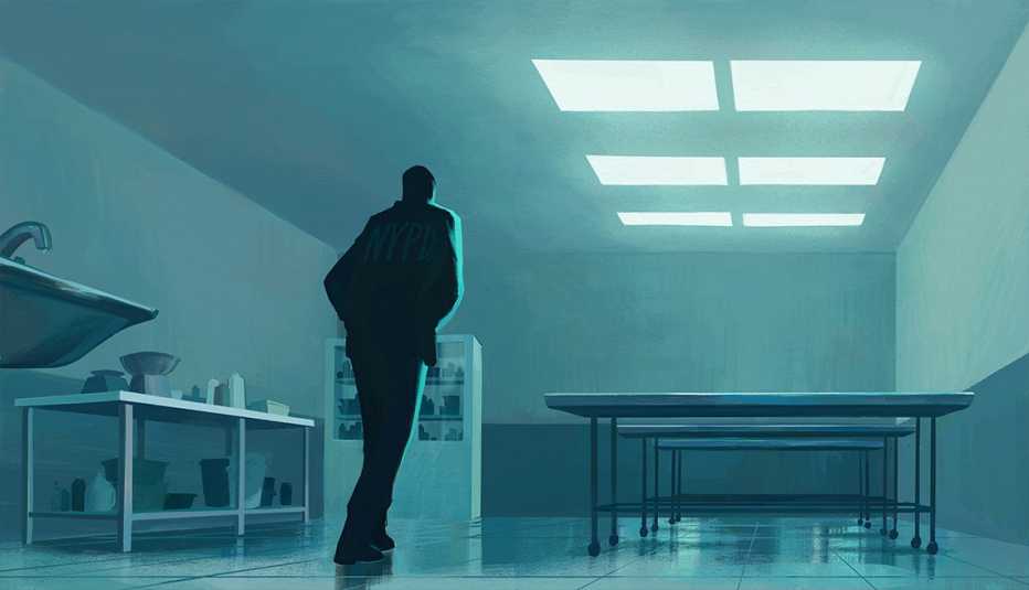 Illustration of a man wearing a jacket with the letters N Y P D on the back is walking through a clean white-tiled autopsy room with three empty metal tables, a utility sink, a cabinet and a rack with various scales and buckets 