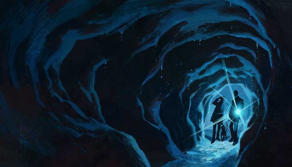 illustration of two people and a dog at the opening of a dark cave lit by a flashlight one of the people is holding