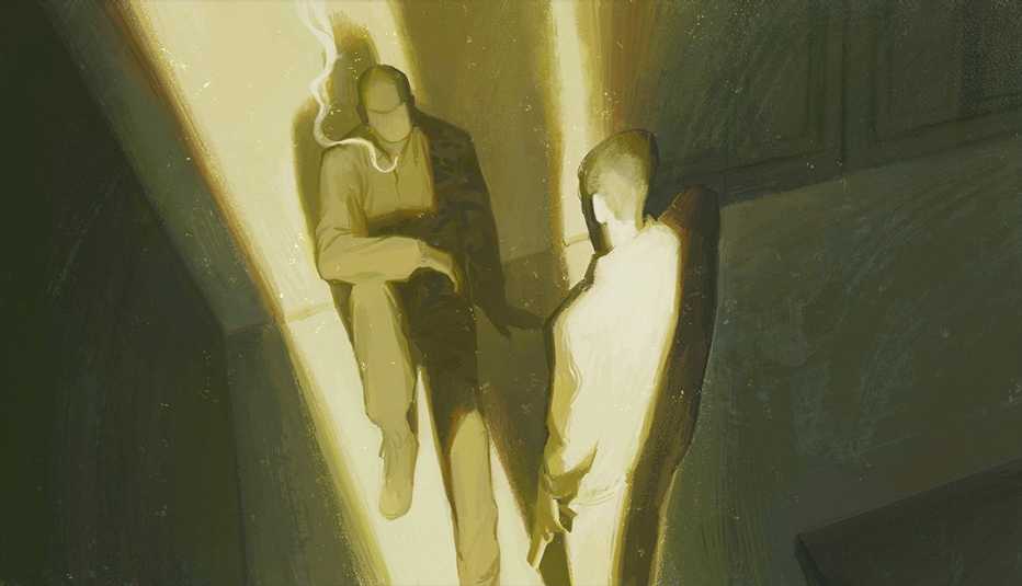 illustration of a man sitting on the floor, back against the wall, a cigarette hanging from his mouth, while another man peers down at him