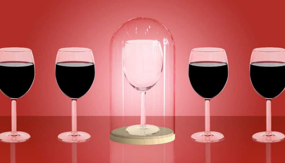 illustration of five wine glasses, four have red wine, one in the middle is empty and highlighted in glass container