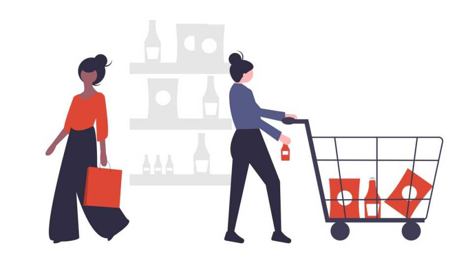 illustration of two women shopping, one casually dressed pushing a grocery cart and the other well-dressed carrying a red shopping bag