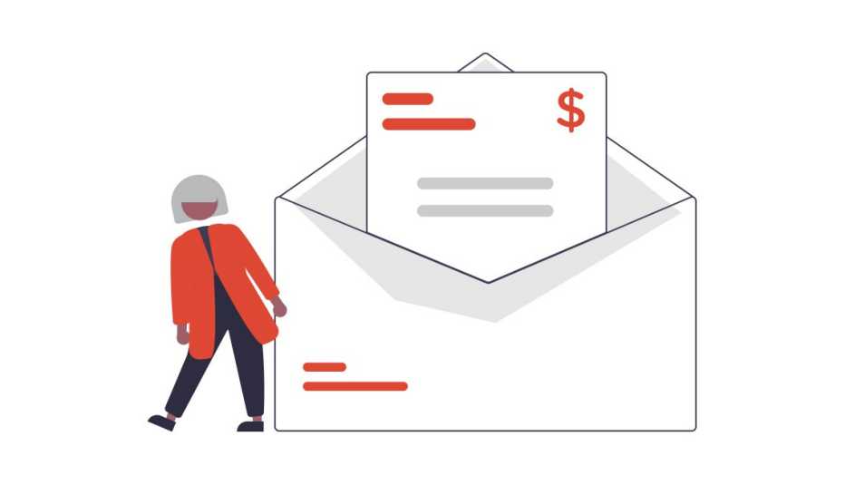 conceptual illustration of a person standing beside an oversized envelope with a bill inside it