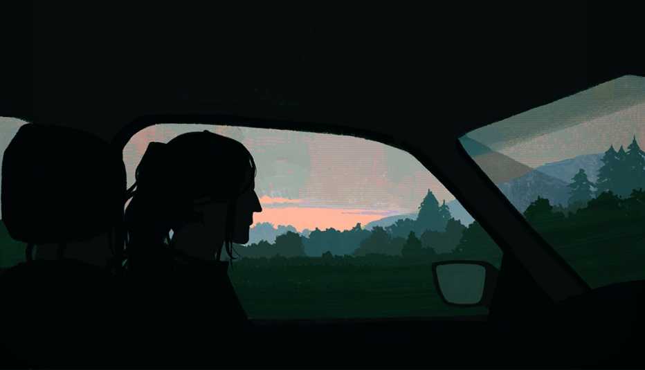illustrated silhouette of woman in driver's seat with landscape at sunset out the windows