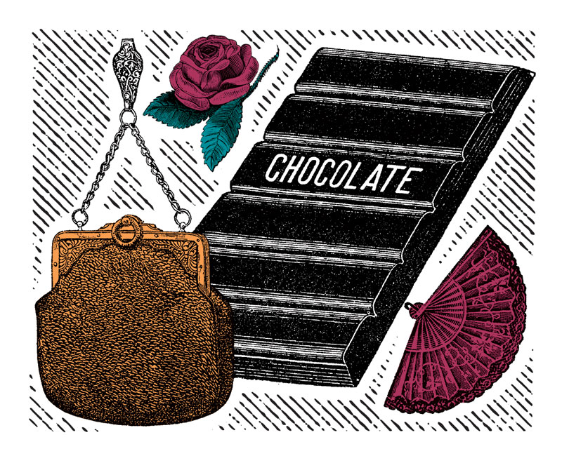 illustration of old-fashioned purse, rose, chocolate bar and fan