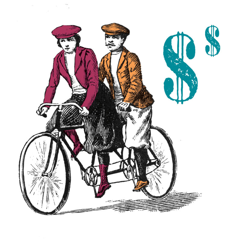 illustration of man and woman wearing old-fashioned riding clothes on old-fashioned double bicycle next to dollar signs