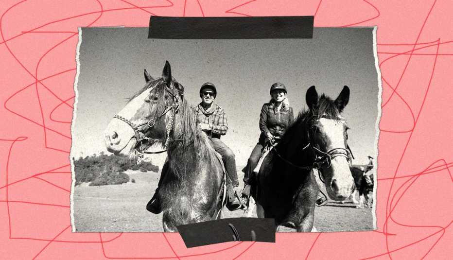 A photo of a man and woman riding Clydesdale horses at Covell Ranch in Cambria, California. A pink illustration with squiggly lines frames the photo along with strips of black tape above and below the photo.