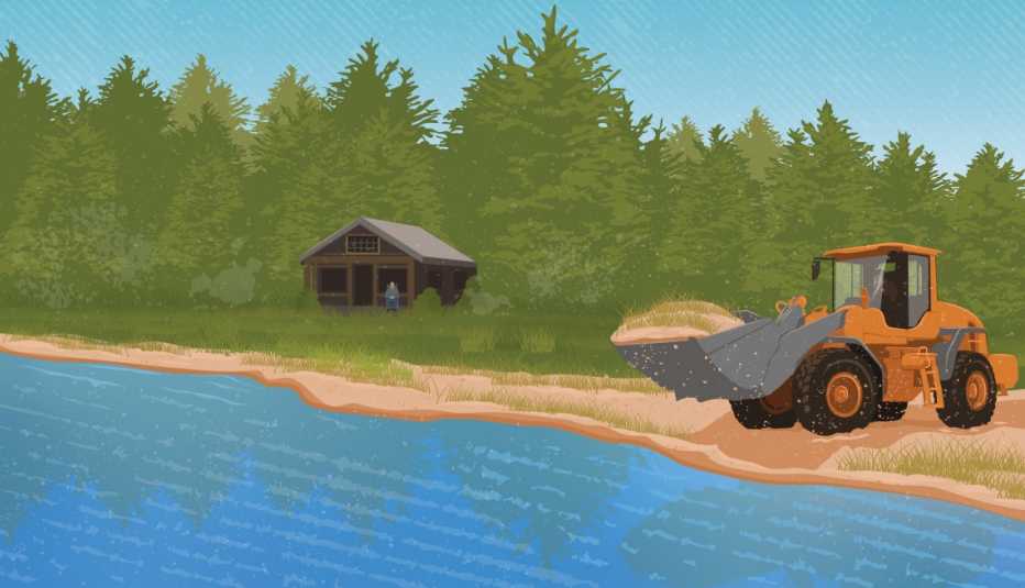 illustration of a bulldozer on the beach on Lake Huron with a man sitting in front of a cabin in the forest in the background.