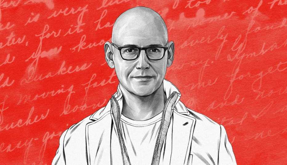 An illustration Author Brad Meltzer with white, cursive writing on a red background.