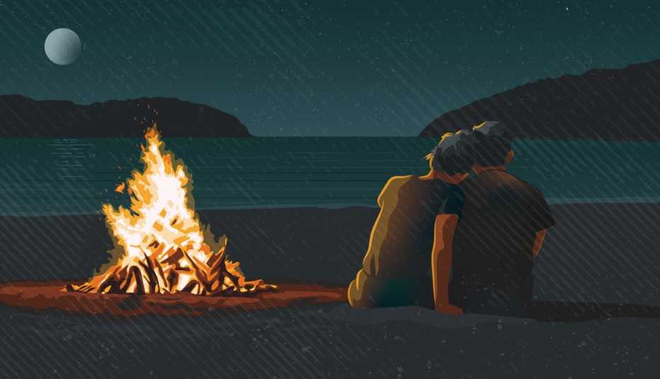 camp fire, moon, beach, ocean, couple snuggling 