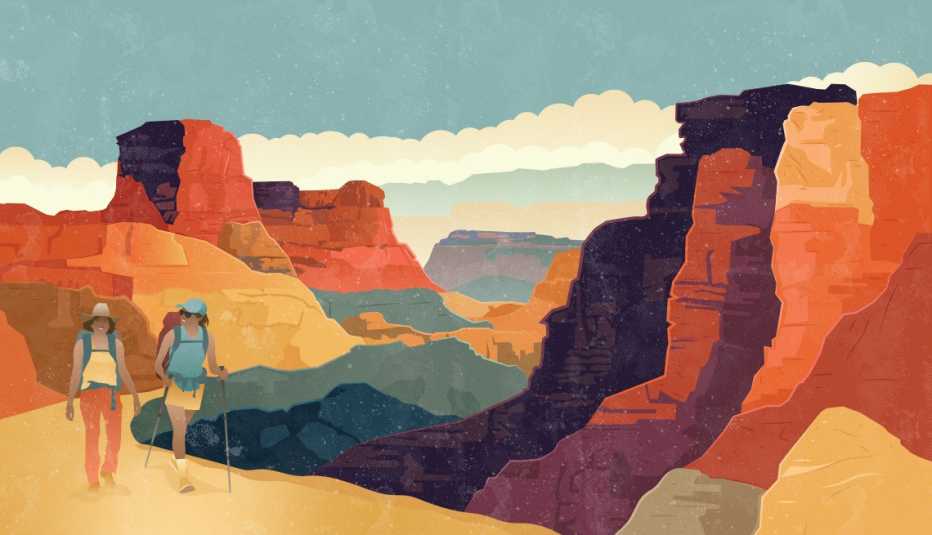 illustration of two women hiking at grand canyon