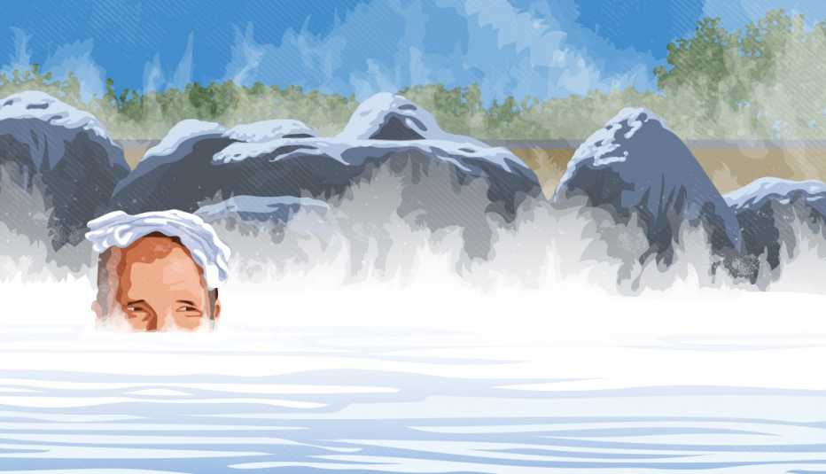 illustration of david hochman in body of water with steam rising from it; large rocks behind him; trees in the distance