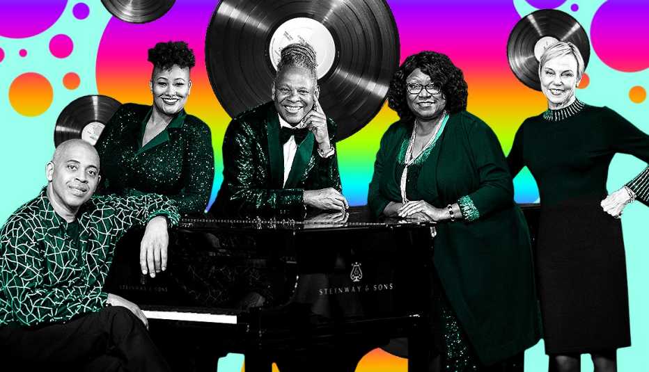 members of Moore By Four gathered around a piano against a colorful background with LP records