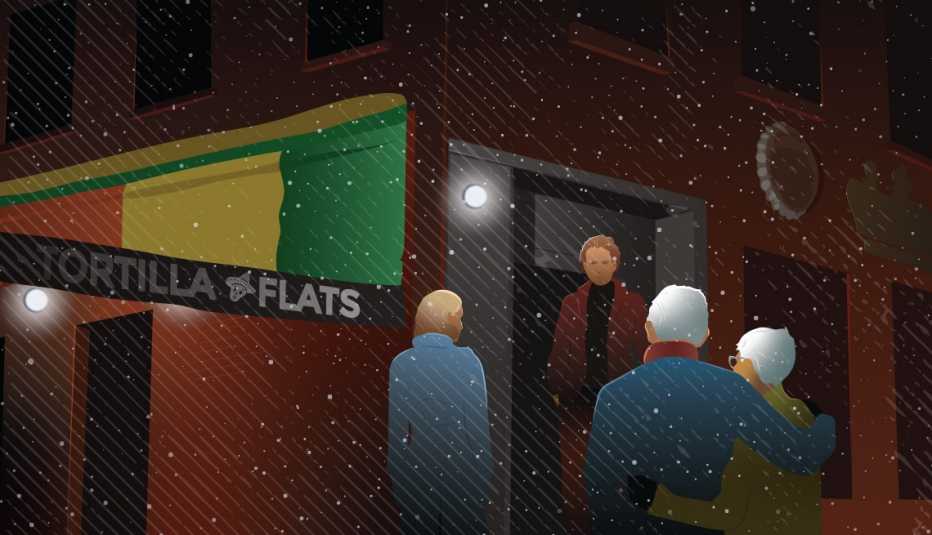 illustration of ann hood and her parents standing outside tortilla flats speaking with the owner