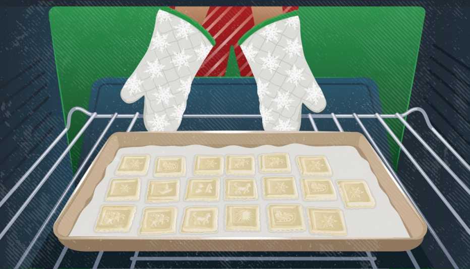 illustration of two hands wearing oven mitts putting tray of cookies in oven