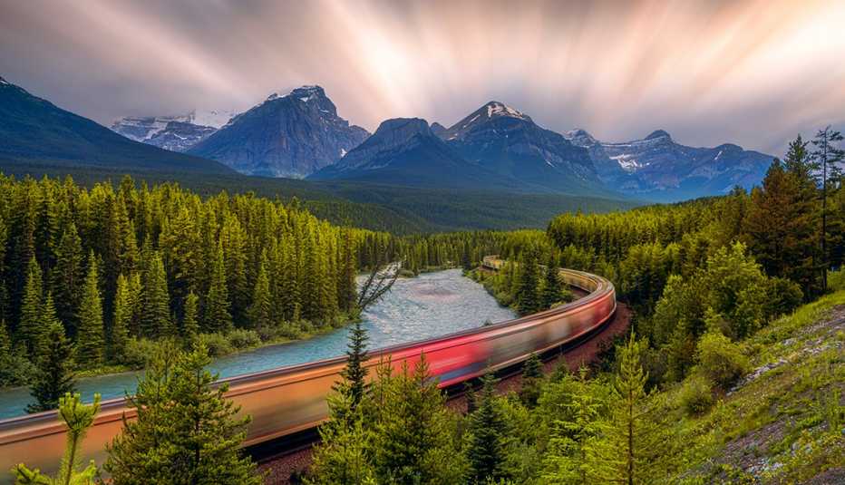 Long Exposure of the train at Morant's Curve, Banff National Park, Canadian Rockies, Alberta State, Canada