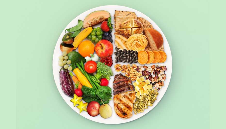 plate of food divided, one half with colorful fruit and vegetables and the other half with grains including bread and proteins including, meat, cheese, beans and nuts
