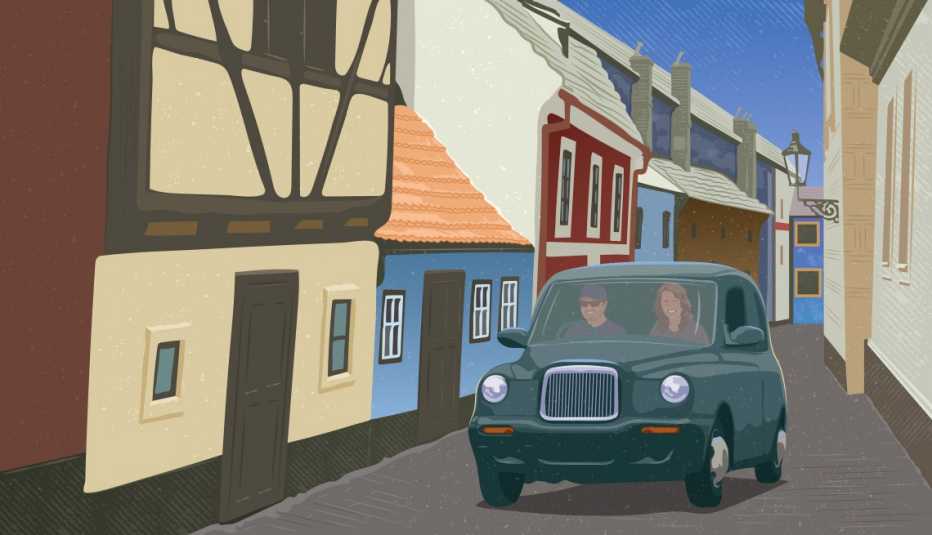 Illustration of a man and woman driving a car down a narrow street in the Czech Republic