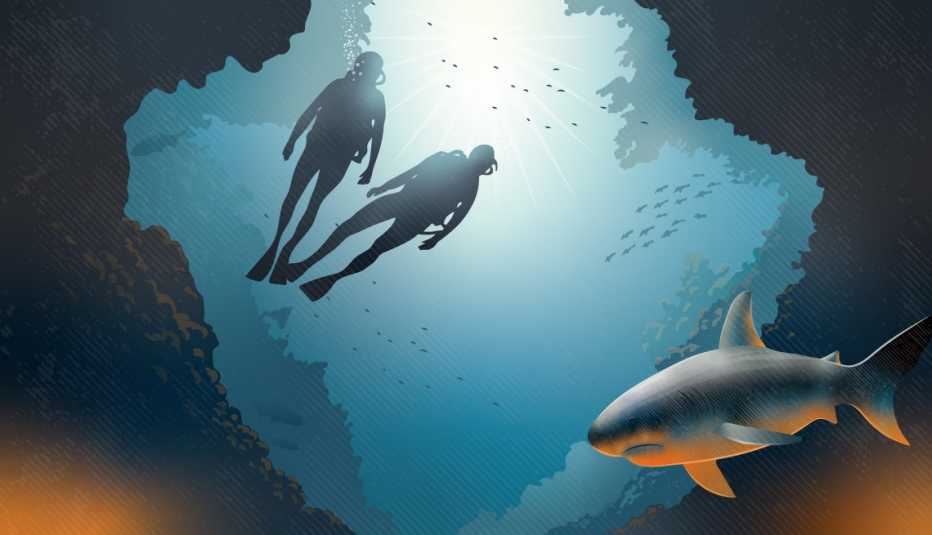 illustration of two people scuba diving with big fish in front of them and little fish behind them