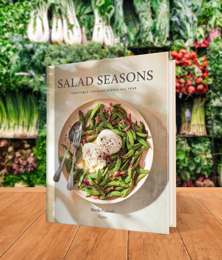 cookbook that says salad seasons with bowl of vegetables and cheese; on wooden table with vegetables and plants behind it