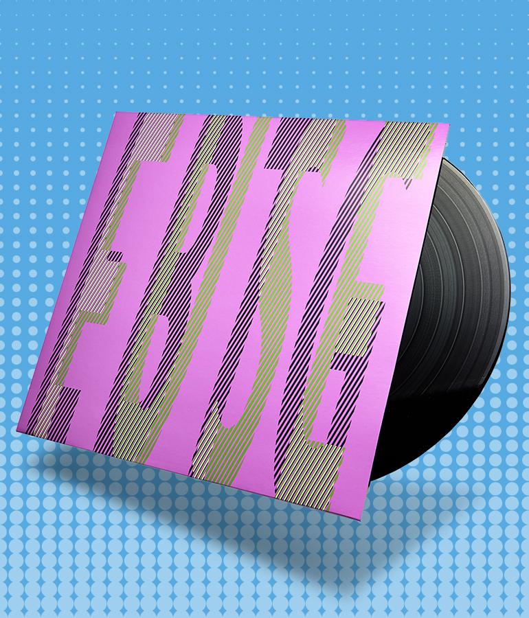 album cover with record sticking out of it; cover says fuse with letters e b t g underneath; blue background with little shapes on it