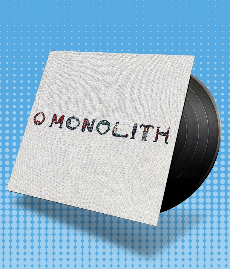 album cover with record sticking out of it; cover says o monolith; blue background with little shapes on it
