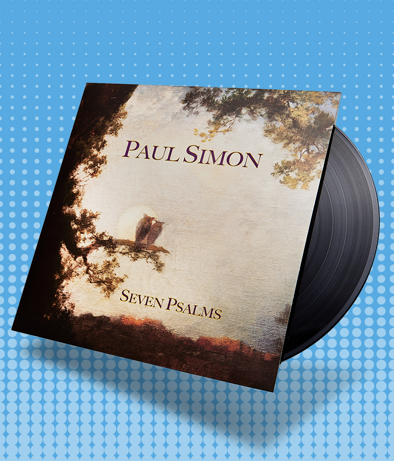 album cover with record sticking out of it; cover says paul simon seven psalms; blue background with little shapes on it