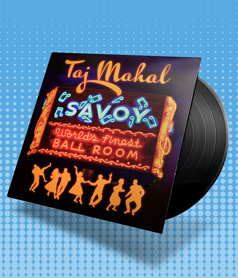 album cover with record sticking out of it; cover says taj mahal savoy, world's finest ball room; with dancers underneath; blue background with little shapes on it