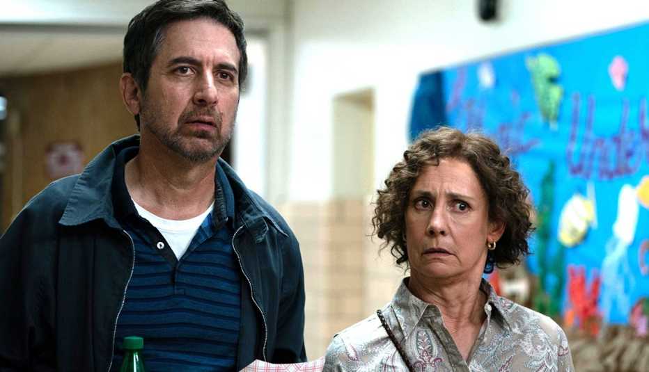 ray romano as leo russo and laurie metclaf as angela russo inside building in still from somewhere in queens