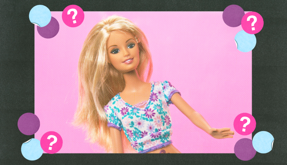 barbie wearing flower shirt on pink background, surrounded by purple, light blue and pink circles with question marks
