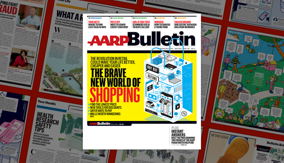 a a r p may 2023 bulletin cover; the brave new world of shopping; on background of magazine pages