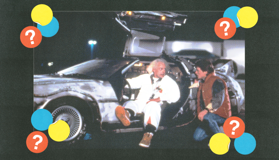 christopher lloyd in delorean with door open; michael j fox crouching down outside vehicle in a still from back to the future; blue, yellow and red circles with question marks surround them