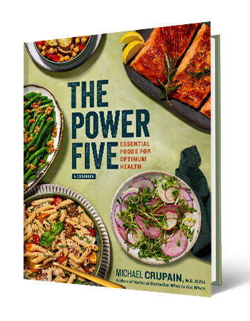 book cover with words The Power Five: Essential Foods for Optimum Health; variety of food on cover including pasta, vegetables and salmon
