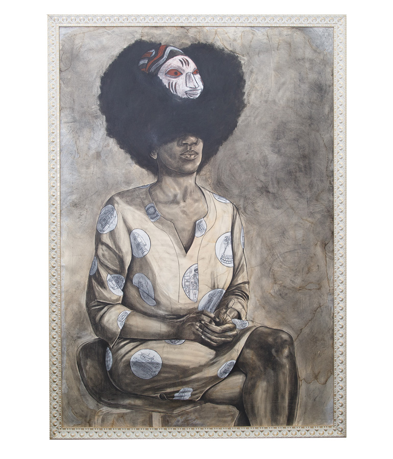 fireflies on the water, 2014, portrait by robert pruitt of a woman sitting on a chair with a mask in her thick hair