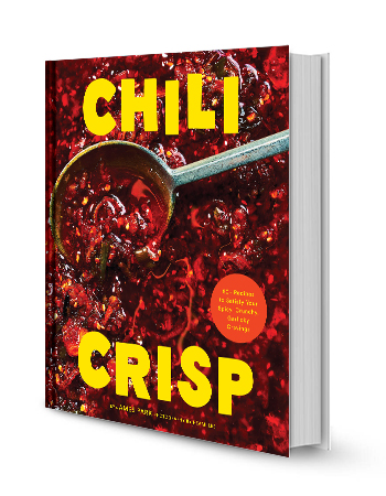 cover of chili crisp cookbook showing red chili and a ladle