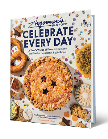 book cover with words zingerman's bakehouse, celebrate every day, a year's worth of favorite recipes for festive occasions, big and small; amy emberling, lindsay-jean hard, lee vedder, corynn coscia