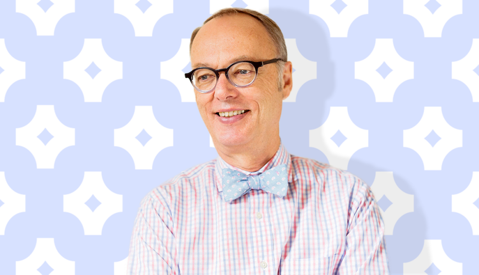 christopher kimball against light blue background with shapes