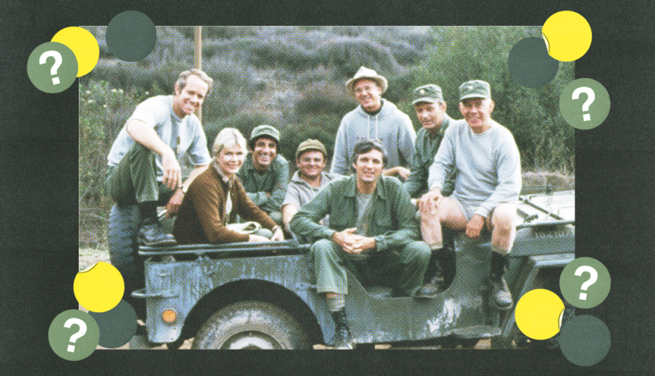 cast of mash sitting in and on vehicle; gray, yellow, and green circles with question marks surround them