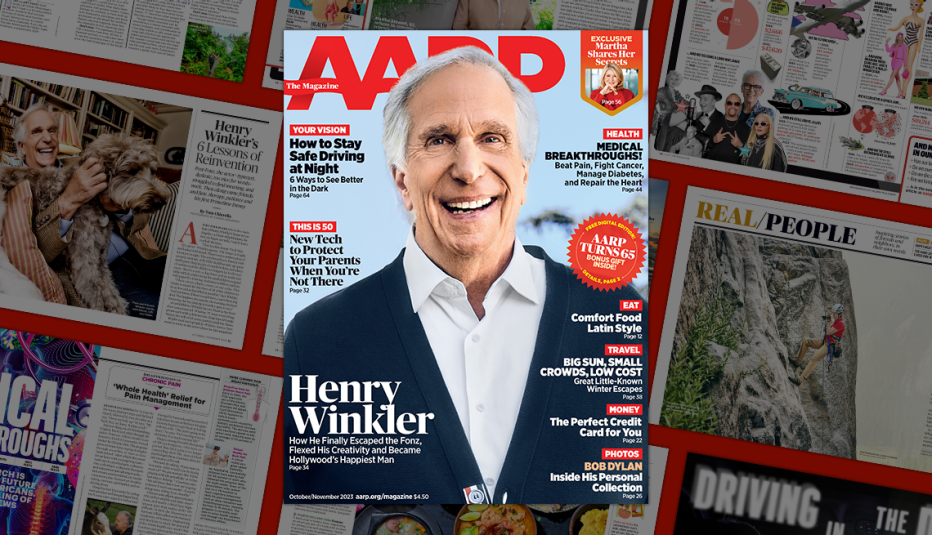 a a r p the magazine cover october / november  2023 issue featuring henry winkler overlaid on magazine pages