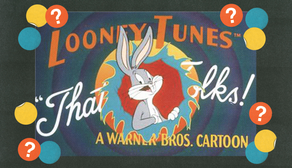 bugs bunny on looney tunes background, surrounded by yellow, blue, and orange circles with question marks in them