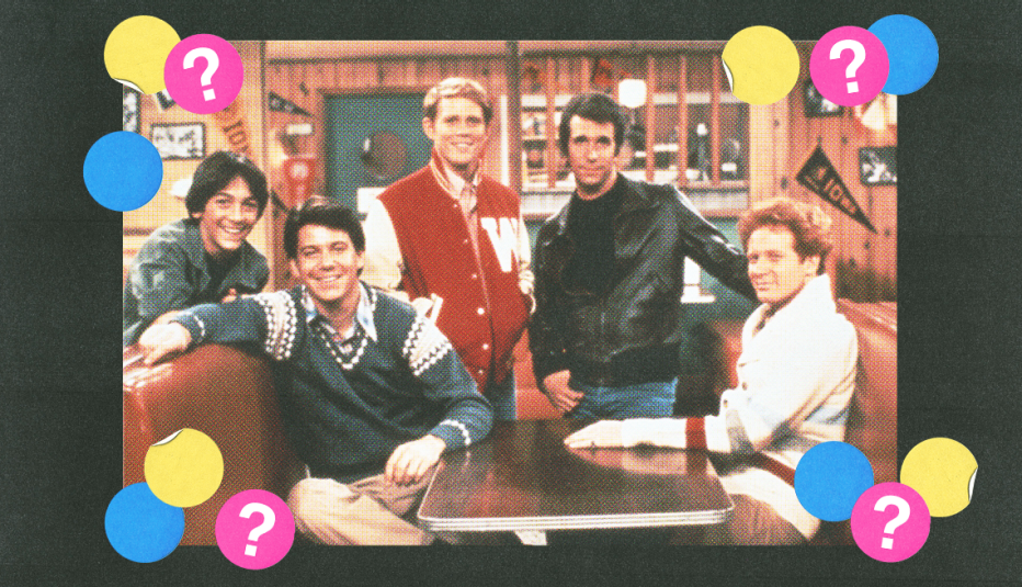cast of happy days sitting and standing around table; blue, yellow and pink circles with question marks surround them