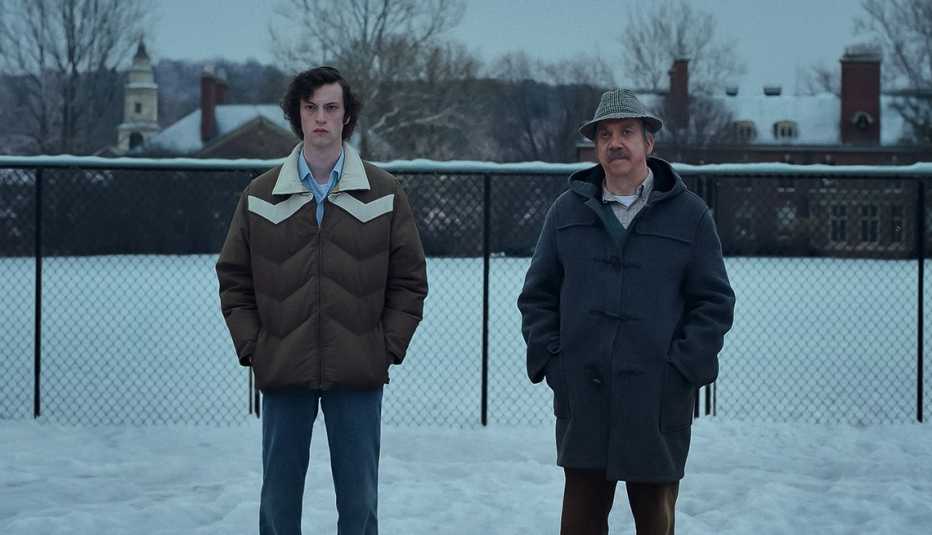 dominic sessa as angus tully and paul giamatti as paul hunham in a still from the holdovers