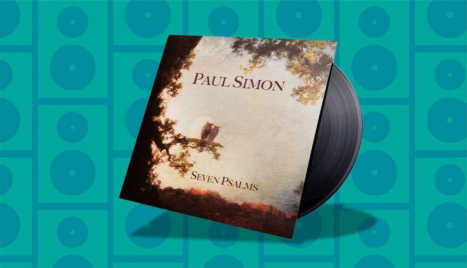 music album cover with record sticking out of it; words paul simon, seven psalms on cover
