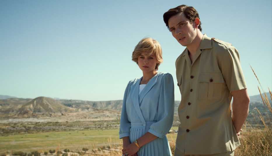 emma corrin as princess diana and  
josh o connor as prince charles in a still from the crown