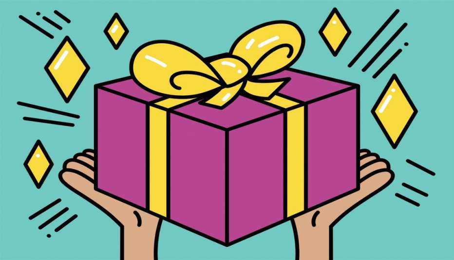 illustration of hands holding wrapped gift; diamond shapes around it