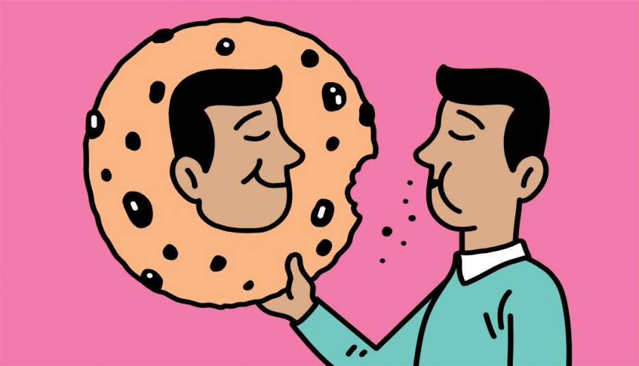 illustration of man holding giant cookie with his face on it